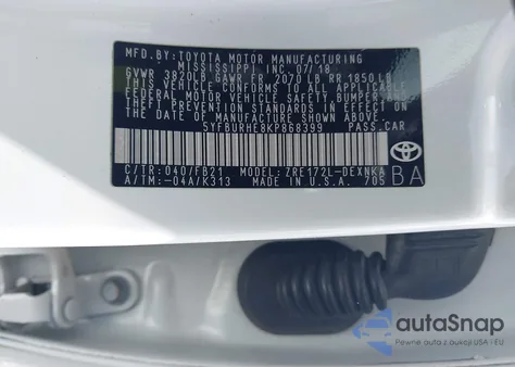 2019 Toyota Corolla Le z USA, uszkodzony, nr VIN 5YFBURHE8KP868399